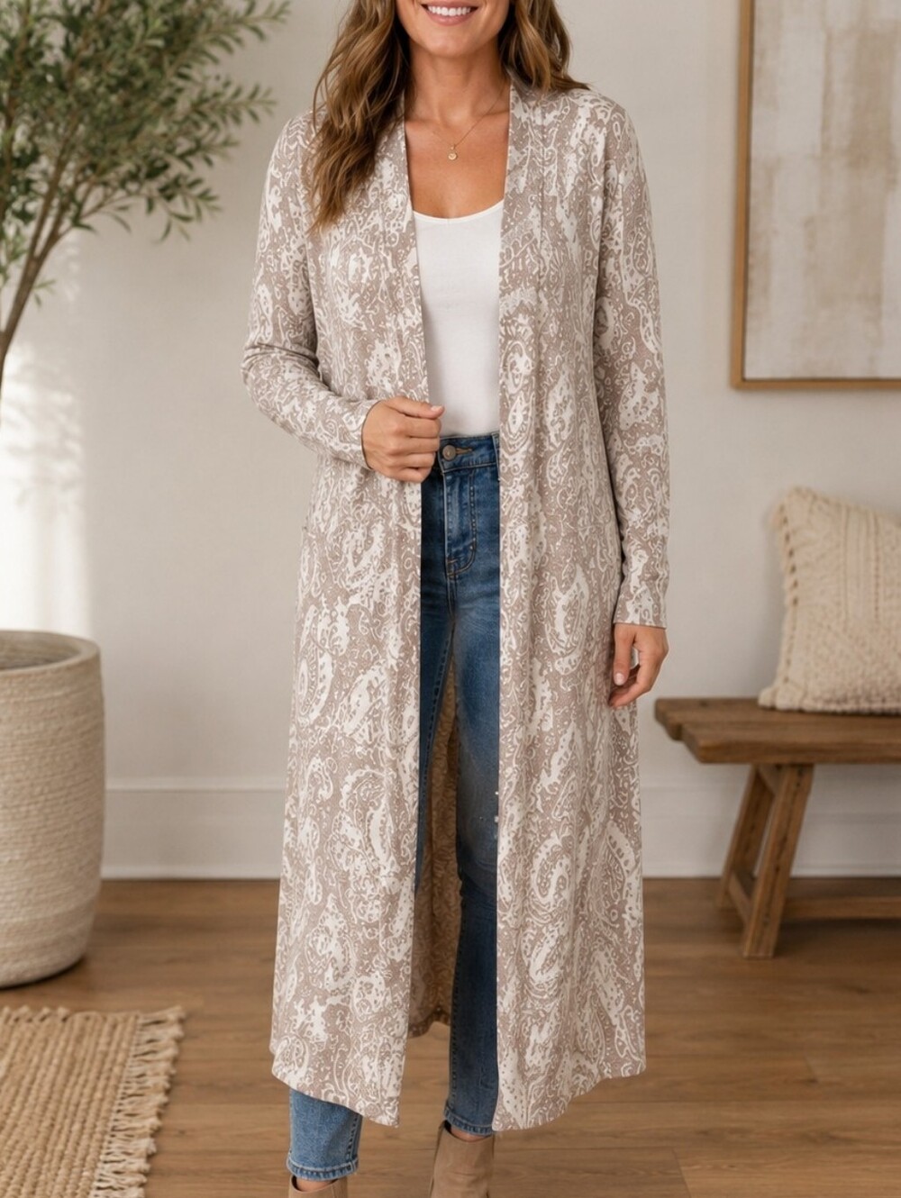 Cyrus Cream and Tan Paisley Maxi Cardigan